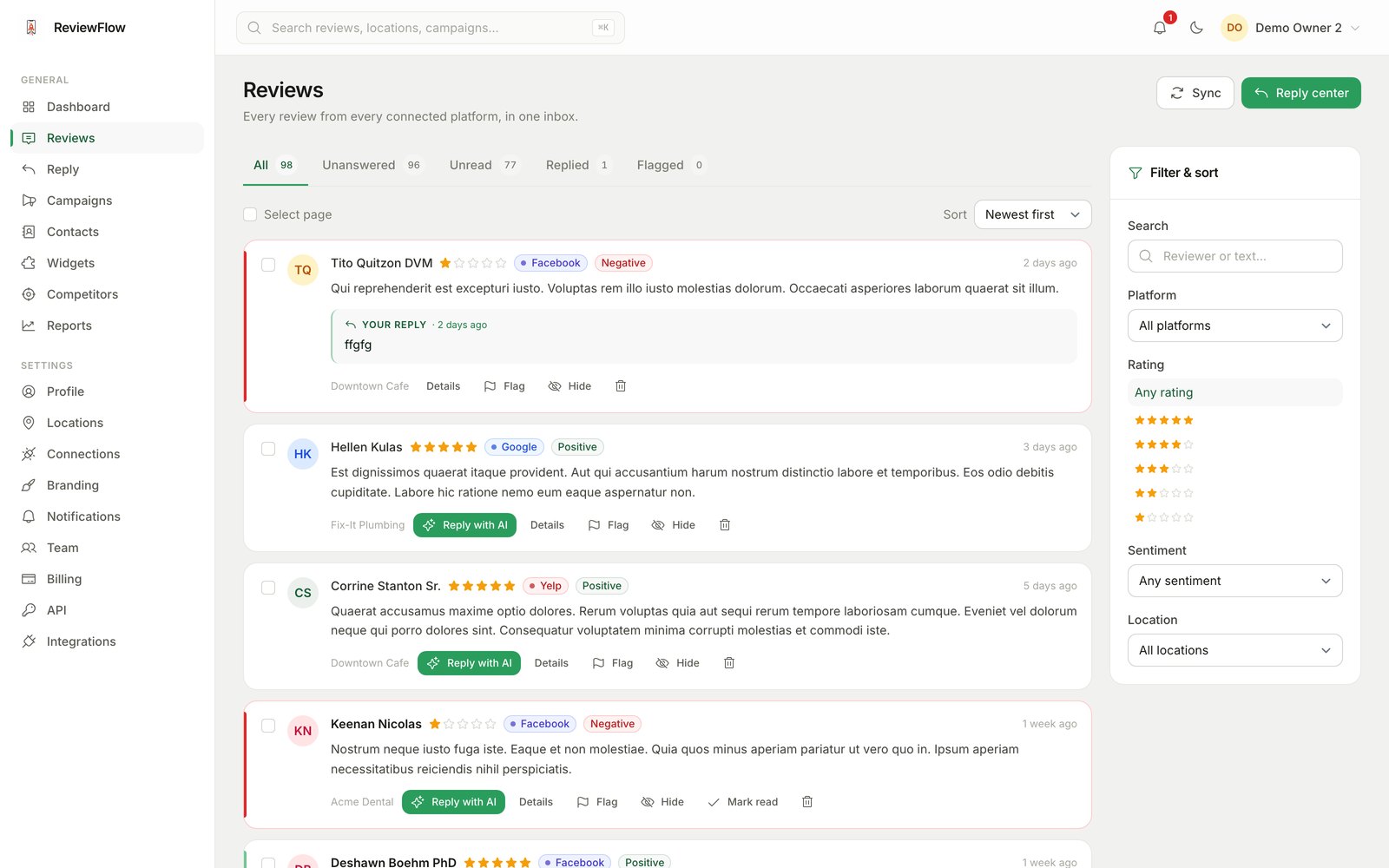 Unified review inbox with filters