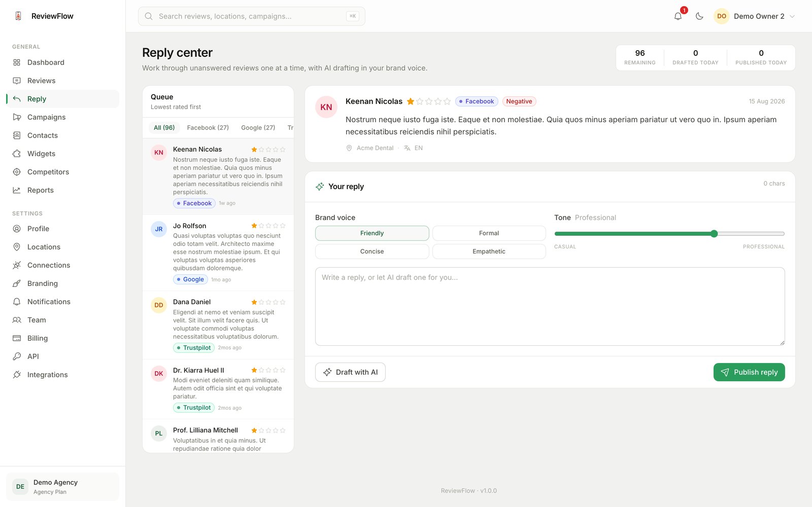 Reply center with AI drafting controls