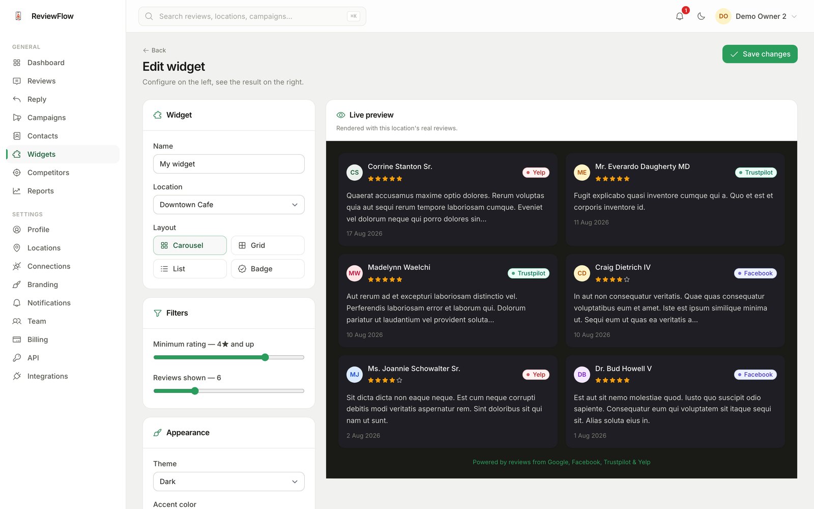 Embeddable widget builder with live preview