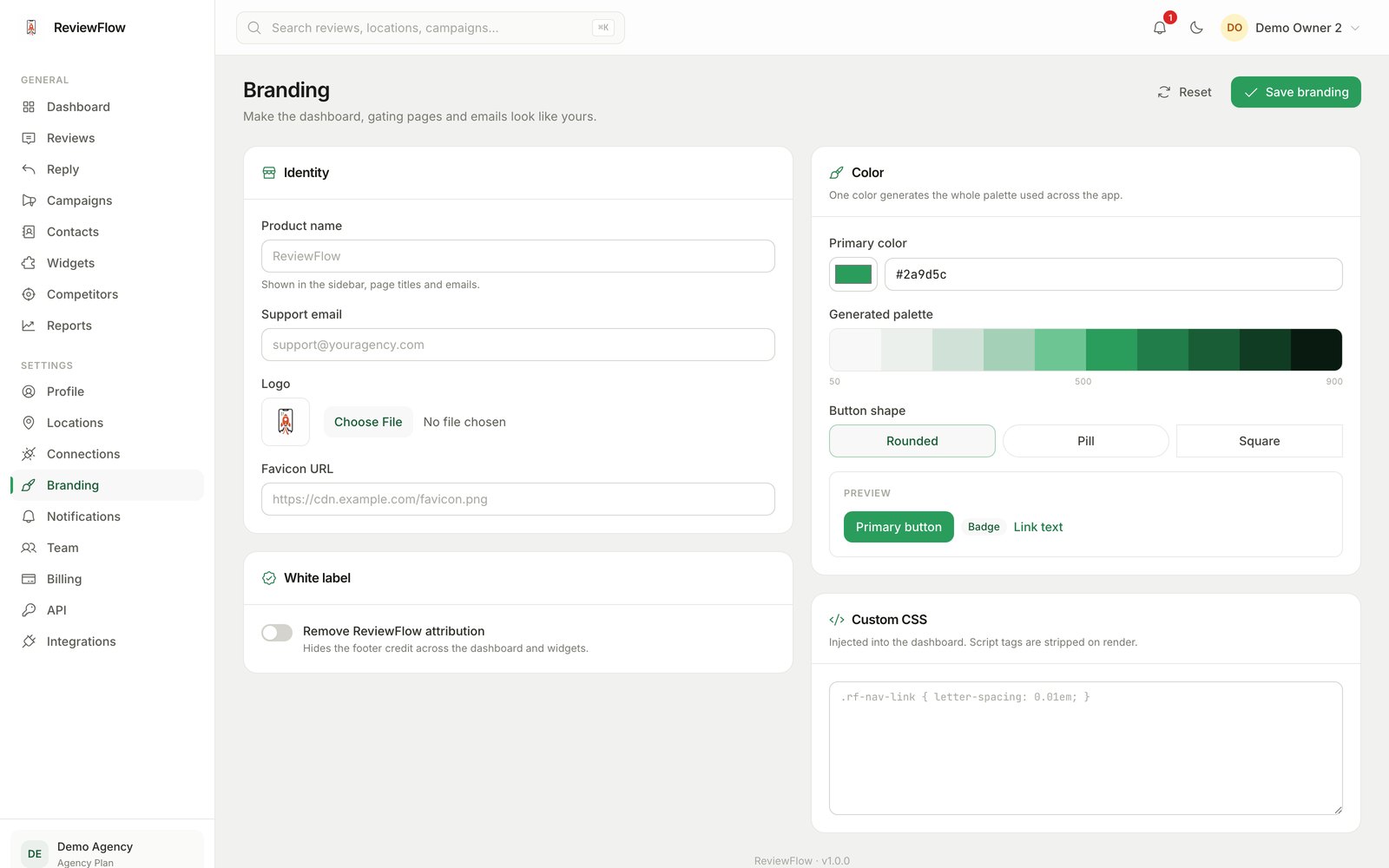 White label branding settings