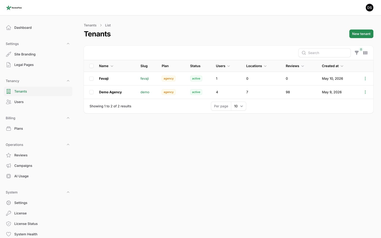 FilamentPHP admin panel listing tenants