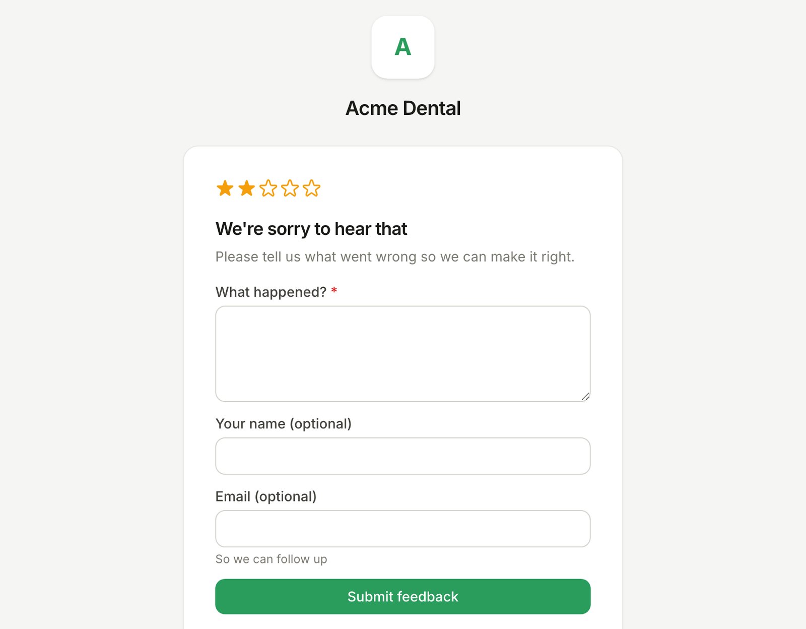 Private feedback form shown for a low rating